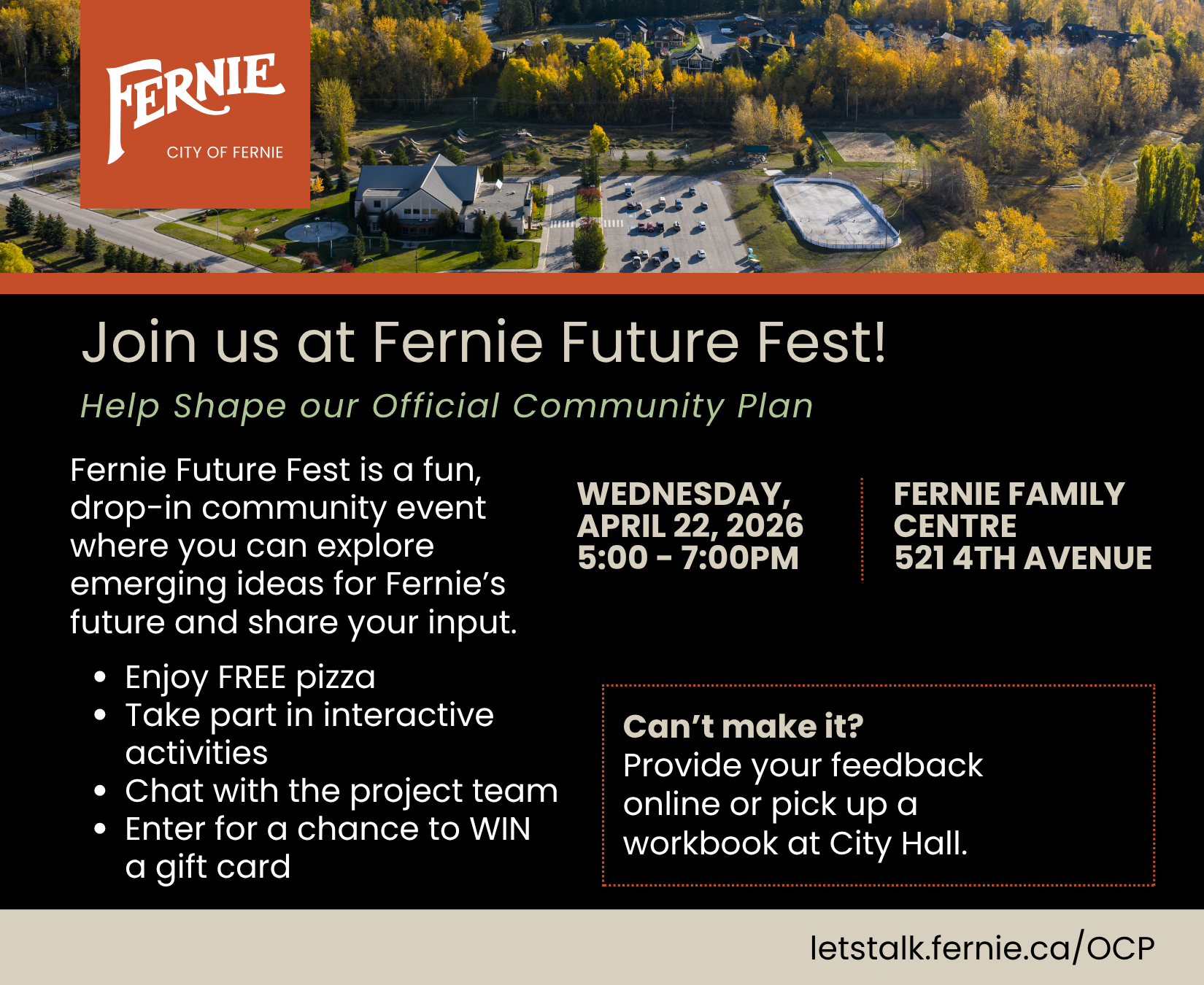 Details for Fernie Future Fest, an in-person engagement opportunity for the OCP update.. 
