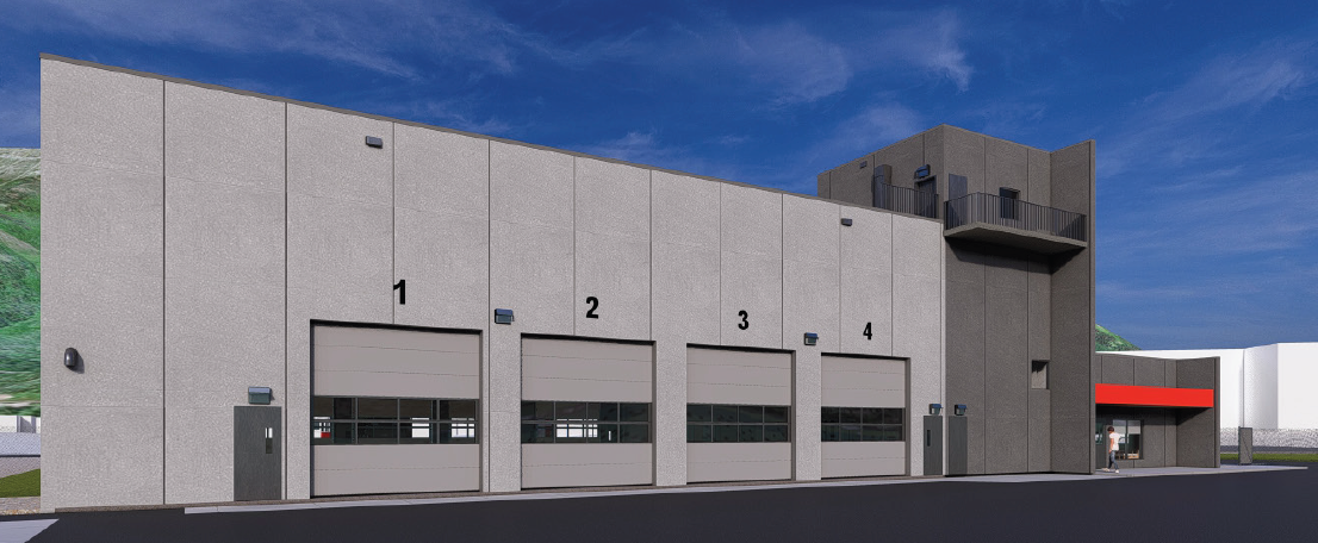 Rendering of the exterior of the new fire hall with four bays.