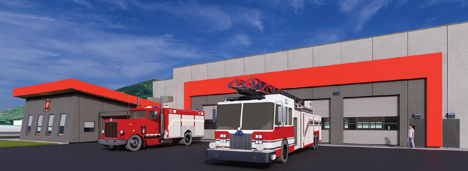 Rendering of exterior of the new fire hall with two fire trucks in front of the bays